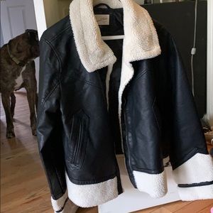 Faux leather jacket with shearling sleeves/neck
